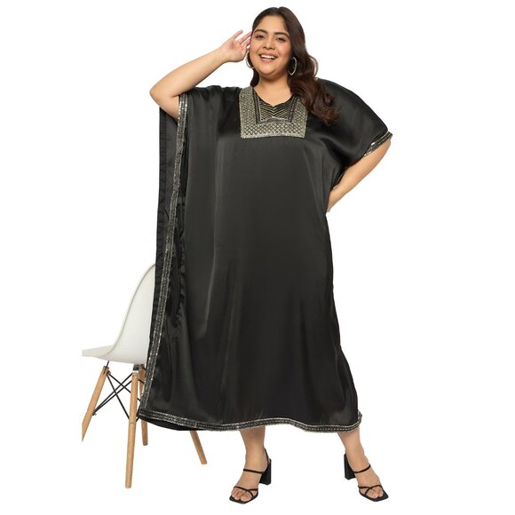 Gypsie Blu Satin Sequences Black Kaftan Dress Women Plus Size Dresses for Party - Picture 8 of 8